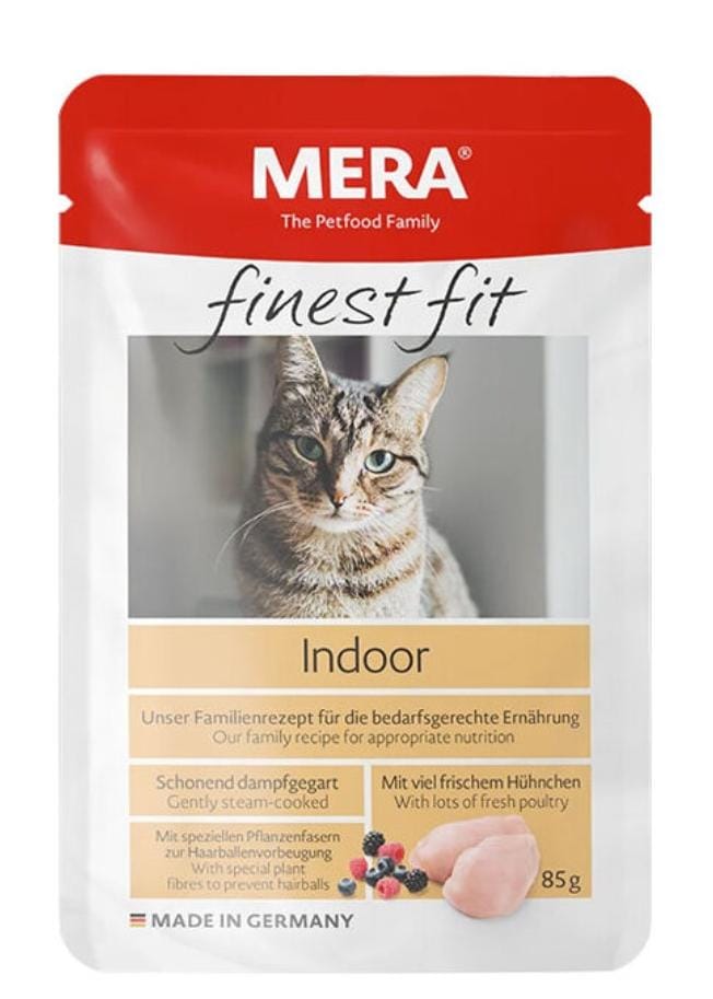 Mera Fitness Fit Pochon Indoor 85g – Pâtée humide sans gluten pour chats d’intérieur, favorise digestion saine et prévention des boules de poils