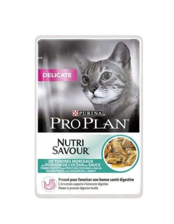 Proplan Nutrisavour Délicate Poisson 85g – Pâtée savoureuse pour chats adultes sensibles, digestion facilitée et soin de la peau