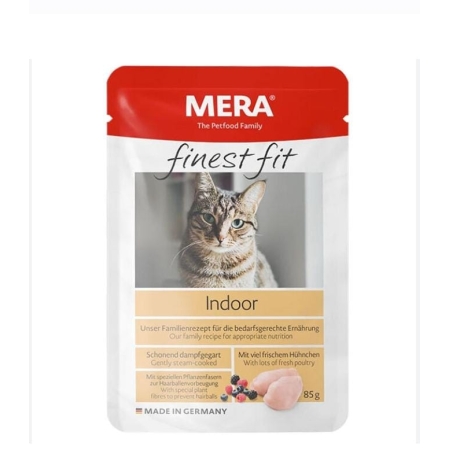 Pâtée Mera Finest Fit Indoor pour chat – 85g, poulet frais, formule anti-boules de poils | AnimaleriePP Maroc
