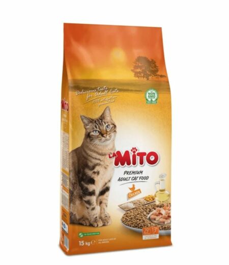Mito croquettes chat, croquettes chat 15kg, alimentation sèche chat, nutrition équilibrée chat, croquettes haute qualité, nourriture chat Maroc, animalerie Casablanca, alimentation chat saine