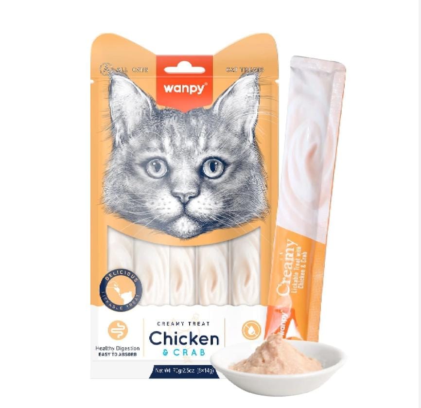 Wanpy Creamy Lickable Friandises pour chat – Poulet et Crabe, pack 5 x 14g